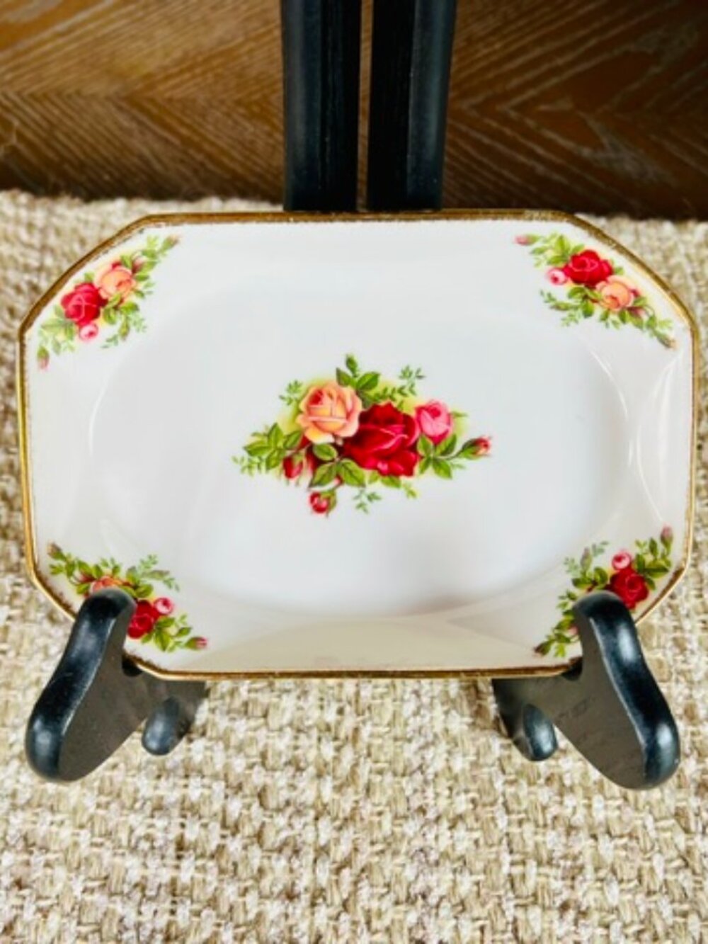 VTG Royal Albert Old Country Roses Rectangular Trinket Vanity Tray Gold Trim